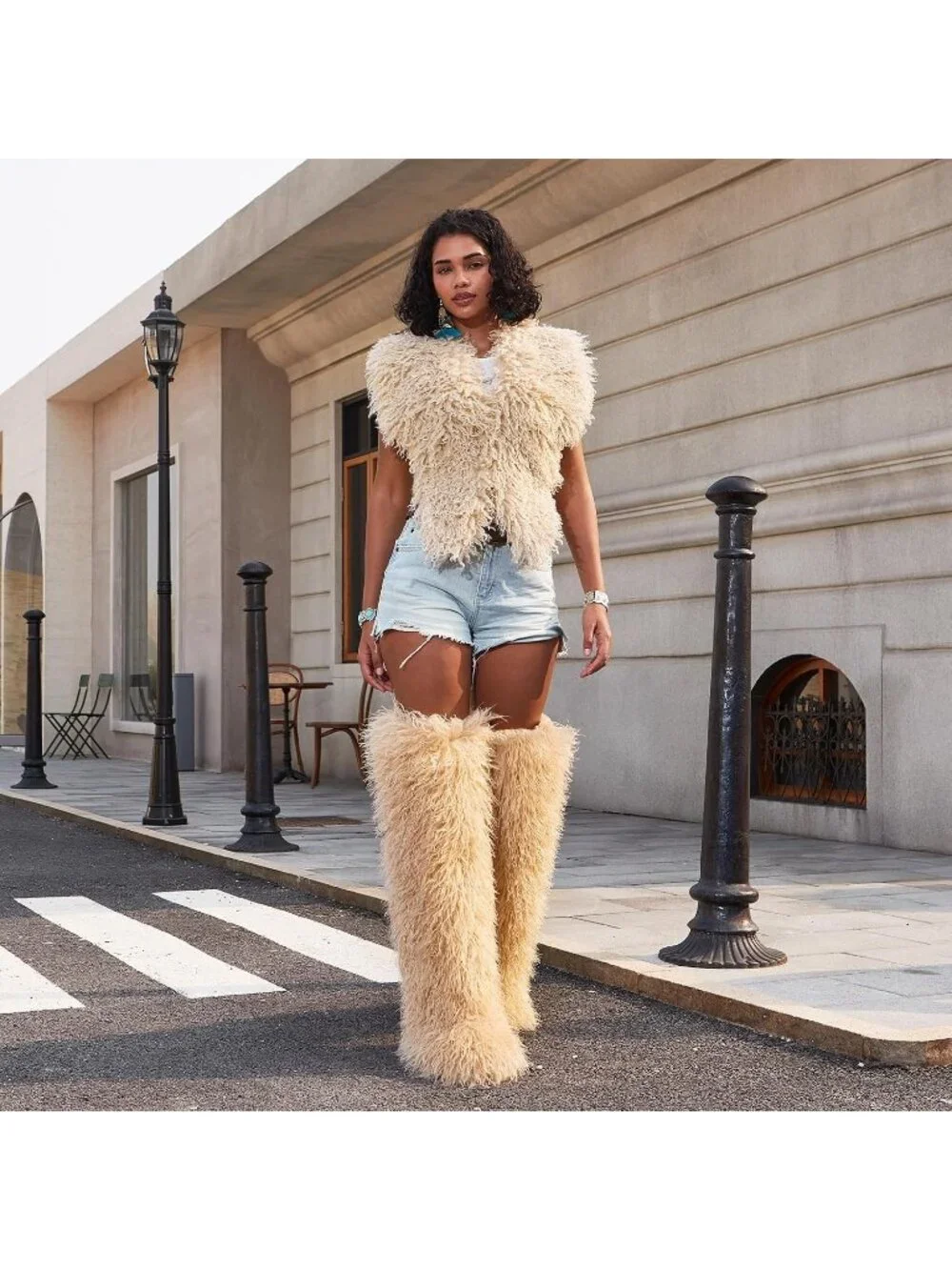 Women's Khaki Shaggy Faux Furry Fuzzy Fluffy Flat Knee-High Slouchy Snow Boot